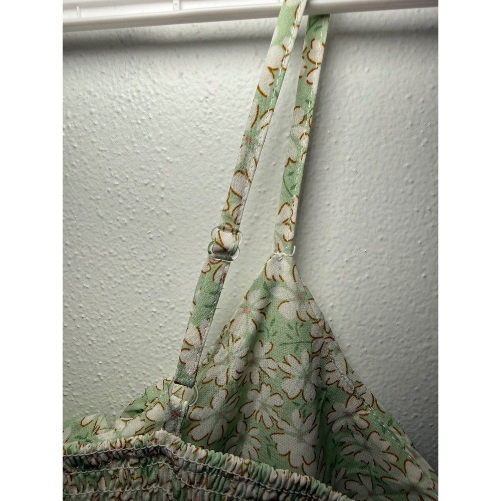 Womens Green Floral Smocked Milkmaid Tiered Mini Dress Medium Coquette Ethereal - Picture 5 of 12